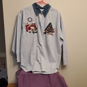 Vintage Blue Striped Christmas Themed Shirt with Denim Collar